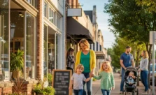 parents and children spending time together while walking along a local downtown shopping street