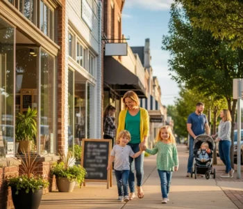 parents and children spending time together while walking along a local downtown shopping street