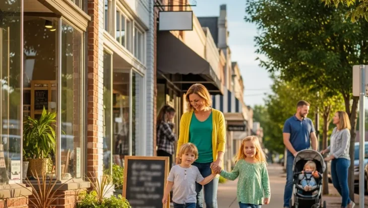 parents and children spending time together while walking along a local downtown shopping street