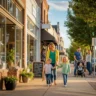 parents and children spending time together while walking along a local downtown shopping street