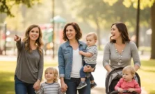 moms enjoying a walk together with their young children in a sunny community park