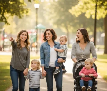 moms enjoying a walk together with their young children in a sunny community park