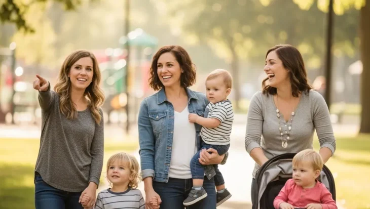 moms enjoying a walk together with their young children in a sunny community park