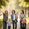 moms enjoying a walk together with their young children in a sunny community park
