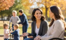 moms talking on a park bench while children play together nearby in a family-friendly community space