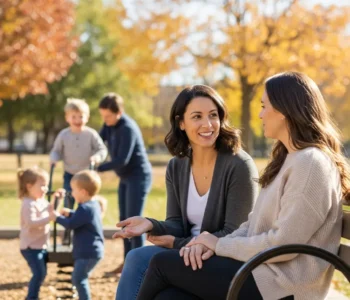 moms talking on a park bench while children play together nearby in a family-friendly community space